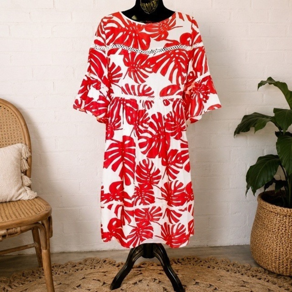 Ella Moon Raquel Dress L Coral Palm Leaf Swing Boho Tropical NWT
